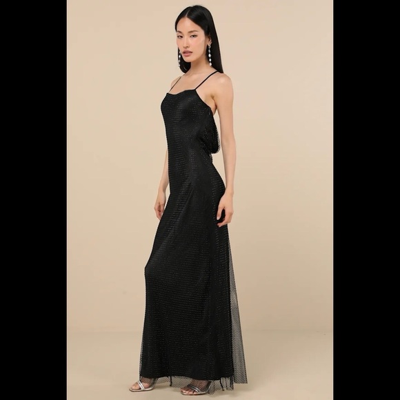 NWT LULUS Maxxine Black Fishnet Rhinestone Column Maxi Dress - Picture 4 of 4